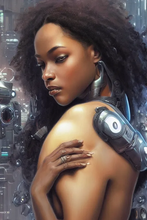 Image similar to ultra realistic illustration, closeup portrait, black mixed beautiful woman, hugging a robot, cyberpunk, sci - fi, fantasy, intricate, elegant, highly detailed, digital painting, artstation, concept art, smooth, sharp focus, illustration, art by artgerm and greg rutkowski and alphonse mucha