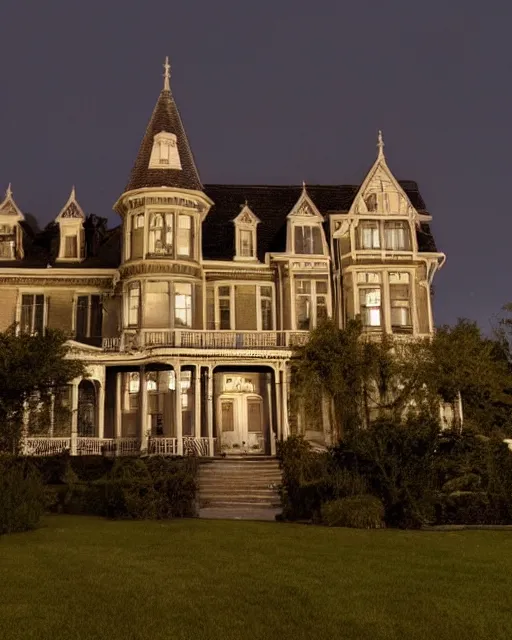 Image similar to a wide angle low photo of a ghostly victorian mansion at night