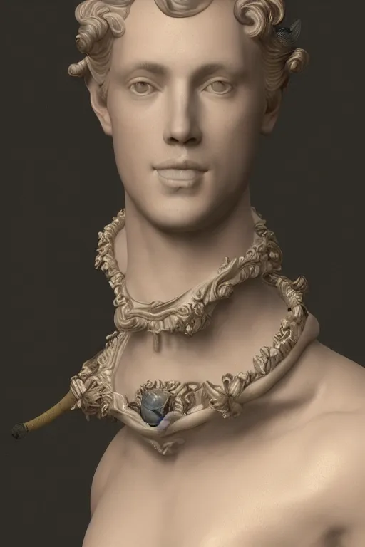 Prompt: a realistic porcelain full-head rococo style bust of handsome young Spanish prince a faded style haircut and a crown made of colored pipecleaners, suspended in outer space, photorealism, octane render, depth of field, 8k, 35mm, artgem, Trending on artstation