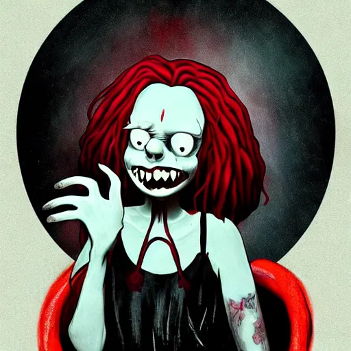 Prompt: grunge painting of a billie eilish with a wide smile and a red balloon by tim burton, loony toons style, pennywise style, corpse bride style, rick and morty style, homer simpson style, creepy lighting, horror theme, detailed, elegant, intricate, conceptual