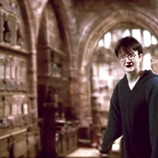 Image similar to happy potter, wide shot, by christopher nolan