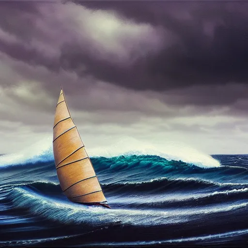 Image similar to a real photographic landscape painting with incomparable reality, super wide, ominous sky, sailing boat, wooden boat, lotus, huge waves, starry night, harry potter, volumetric lighting, clearing, realistic, art by james gurney, artstation - h 1 0 2 4