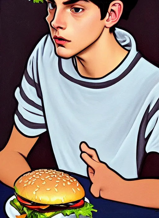 Image similar to oil painting, teenage jughead jones, wears a light grey crown, and devours a hamburger, wearing a light grey crown, intricate, elegant, closed eyes, highly detailed, pinocchio nose, lighting, painting, artstation, smooth, illustration, art by greg rutowski and alphonse mucha