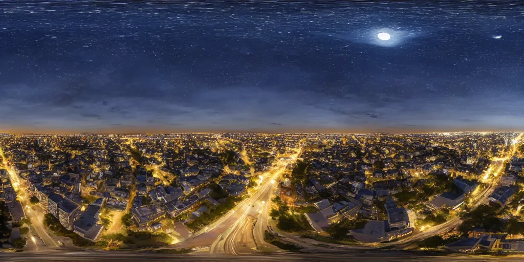 Prompt: Night view of suburb streets and residential apartment buildings in the distance. 3d spherical panorama with 360 viewing angle ready for virtual reality or vr. full equirectangular projection. sightseeing. full moonlit sky