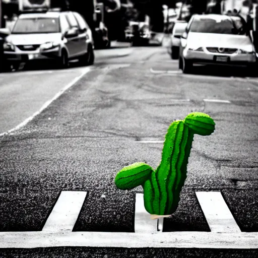 Image similar to living cactus crossing the street, greyscale, 4 k