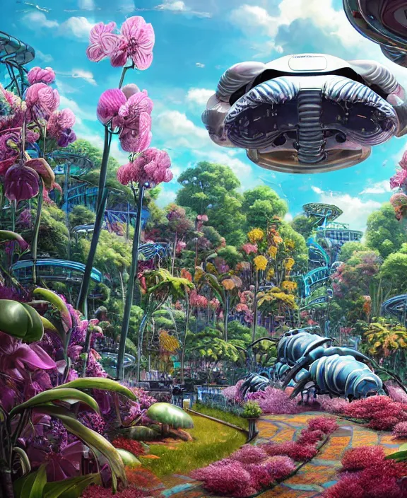 Prompt: a amusement park made out of seamless alien isopods, in the style of an aerodynamic robot, overgrown with puffy orchids, partly cloudy, somber, dramatic lighting, by dan mumford, yusuke murata, makoto shinkai, ross tran, cinematic, unreal engine, cel shaded, featured on artstation, pixiv