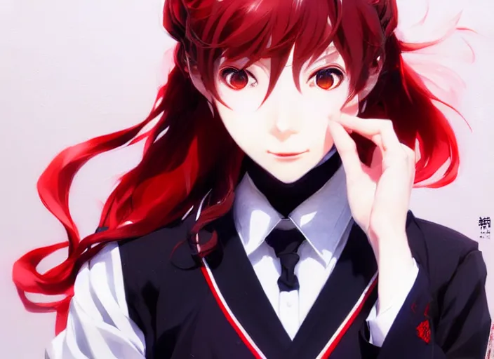 Image similar to kasumi yoshizawa from persona 5 anime, red hair, white school uniform, intricate, sharp focus, illustration, highly detailed, digital painting, concept art, matte, art by ruan jia and wlop and greg rutkowski, masterpiece