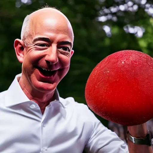 Prompt: portrait photo of jeff bezos finding a giant red mushroom, exhilarated, portrait, closeup. mouth open, 30mm, bokeh