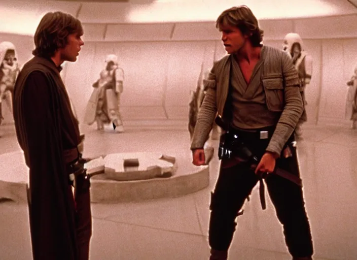 Image similar to epic screenshot portrait of Luke Skywalker arguing with Han Solo, marble temple, iconic scene from the force awakens, 1980s film directed by Stanley Kubrick, cinematic lighting, kodak, strange, hyper real, stunning moody cinematography, with anamorphic lenses, crisp, detailed portrait, 4k image