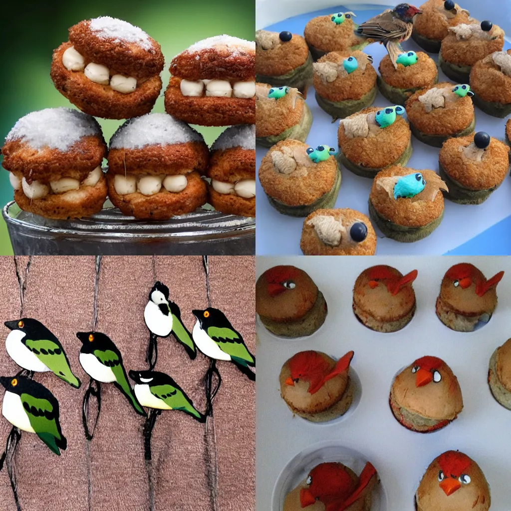 Prompt: bird cakes flying