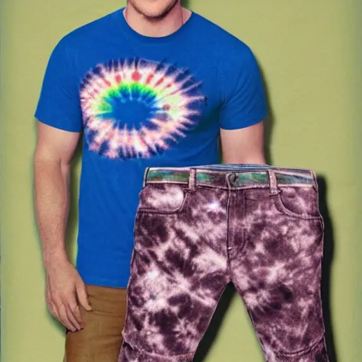 Image similar to chris pratt in a tie dye tshirt with rainbow shorts in the 1 9 6 0 s