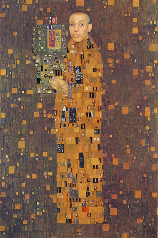 Image similar to robot monk painting a self - portrait on a canvas. intricate, highly detailed, photorealistic, film still, by gustav klimt.