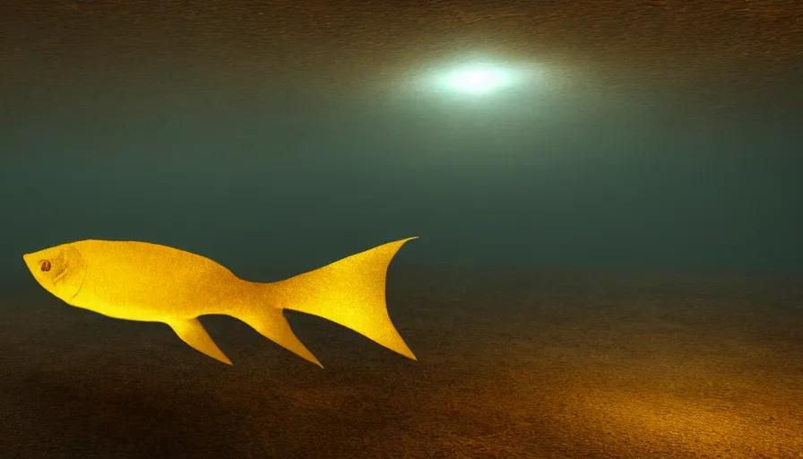 Prompt: a desolate golden glowing fish! swims in magical water with caustics and volumetric lighting, photorealistic painting