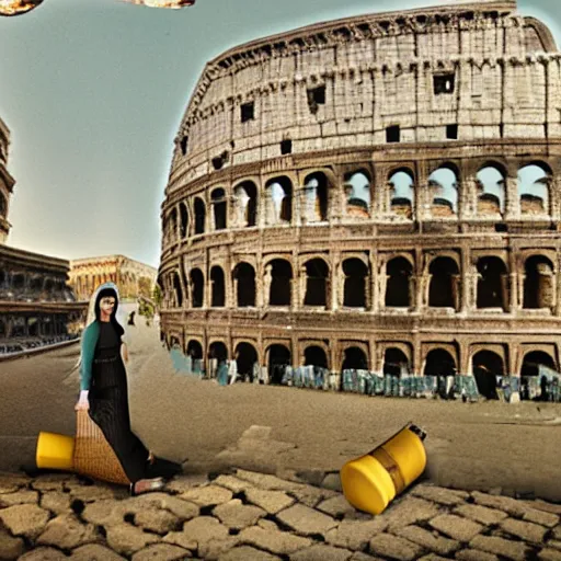 Prompt: a woman making lemonade in front of the colosseum, newspaper collage