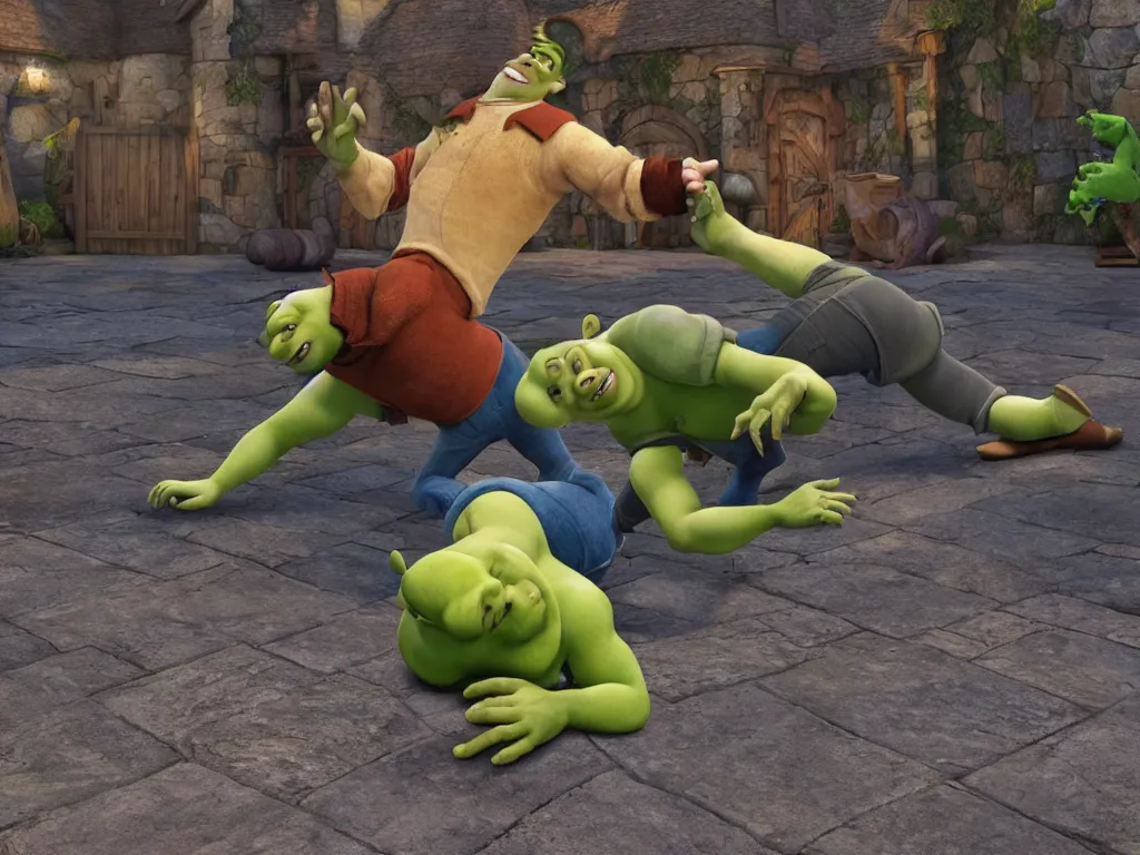 Image similar to shrek breakdancing while lord farquaad is in the back being impressed, High Definition detail, 8K, photography