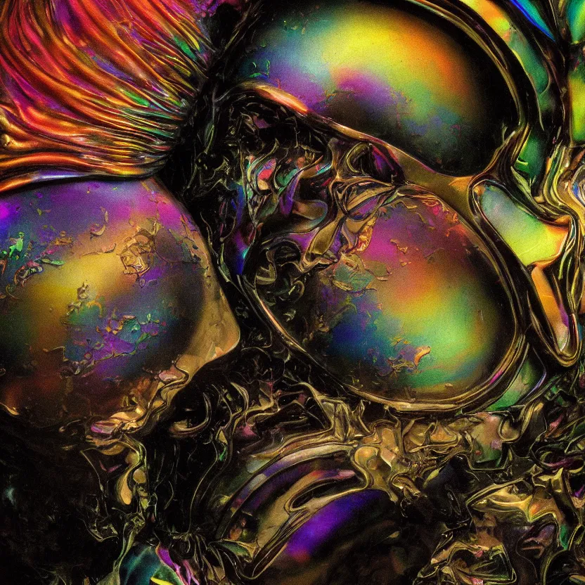 Prompt: a dark baroque close - up portrait of a colorful iridescent rainbow porcelain being made out of white liquid sci - fi vitrified translucent ceramic marble ; china. reflective detailed textures. gloomy black background. highly detailed fantasy science fiction painting by moebius, norman rockwell, frank frazetta, and syd mead. rich colors, high contrast. artstation