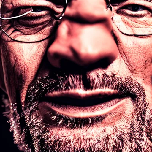Prompt: macro shot of walter white's head, detailed, close up, dslr, 8 k, depth of field