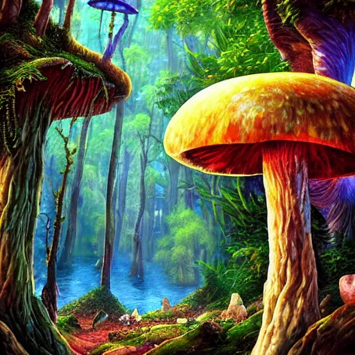 Image similar to lush ridge mushroom cryengine render depth of field fantasy hyper realism cinematic by lisa frank, antoni gaudi, john howe, alex grey, tristan eaton, john stephens, andreas rocha, leonid afremov