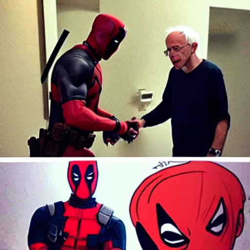 Image similar to deadpool hanging out with berniesanders