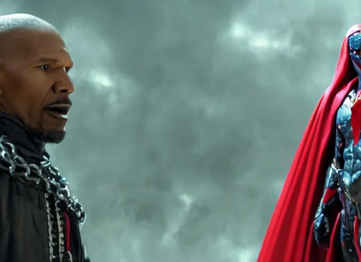 Image similar to film still of jamie foxx as spawn in the new spawn movie, giant chains, large cape, 8 k