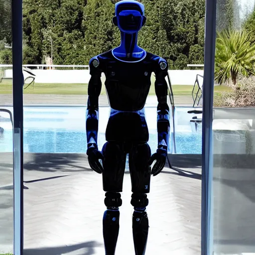 Image similar to a realistic detailed photo of a guy who is an attractive humanoid who is half robot and half humanoid, who is a male android, soccer player martin ødegaard, shiny skin, posing like a statue, blank stare, by the pool, on display, showing off his muscles, humanoid robot, frozen ice statue