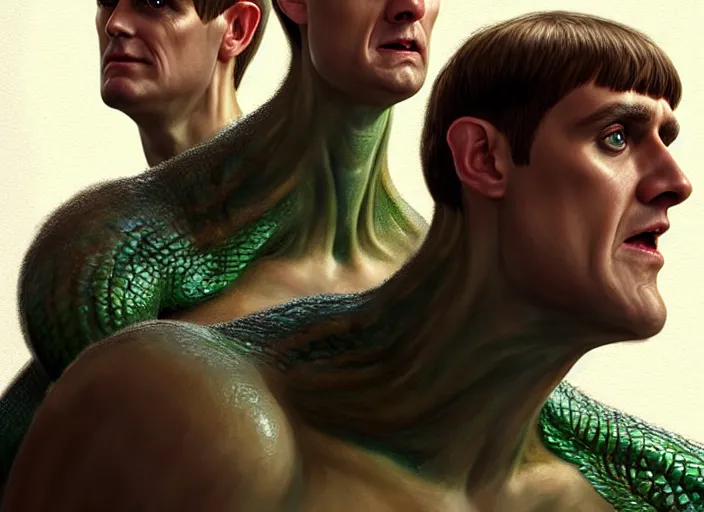 Image similar to hydra of lerna with two heads, one head is lloyd christmas, the other head is harry dunne ( from dumb and dumber ), serpentine water monster, d & d, fantasy, portrait, highly detailed, digital painting, trending on artstation, concept art, sharp focus, illustration, art by artgerm and craig mullins