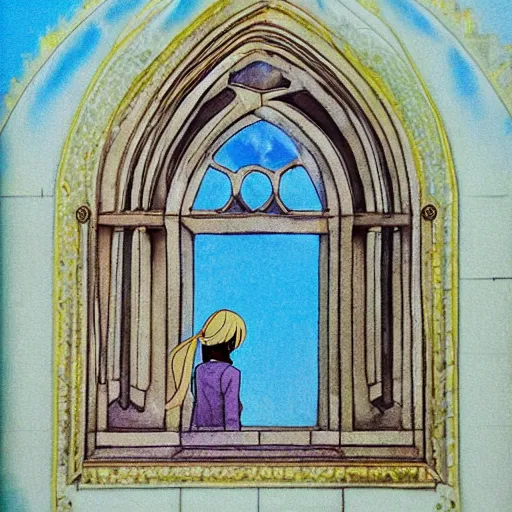 Prompt: a detailed beautiful picture of the window of the church, a bride and a groom, sky, flower, by makoto shinkai, - w 7 6 8