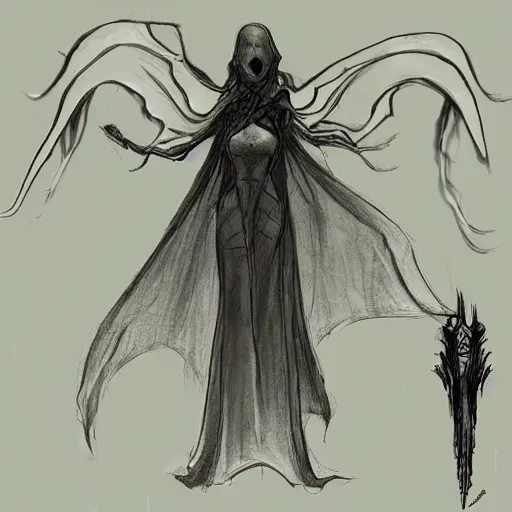 Prompt: concept designs for an ethereal wraith like figure with a squid for a head and a cloak like a bat that floats around collecting knowledge in ancient forgotten libraries and that hides amongst the shadows for the resident evil game franchise