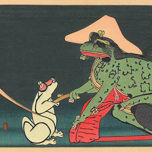 Prompt: Ukiyo-e of a samurai frog out walking his pet cat