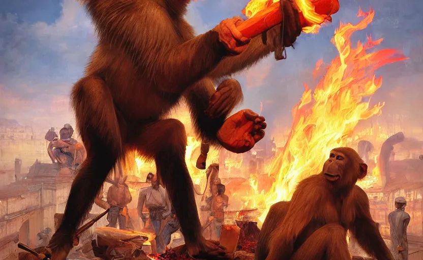 Image similar to vladimir putin as a monkey with his comrades on fire in the background photojournalism, ultra detailed, 8 k resolution, realistic painting, symmetrical, highly detailed, digital painting, artstation, concept art, smooth, sharp focus, illustration, cinematic lighting, art by artgerm and greg rutkowski and alphonse mucha