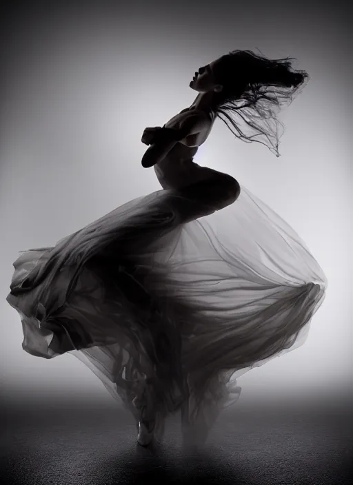 Image similar to a Photorealistic dramatic hyperrealistic render of a beautiful Female smoke dancer by Ken Brower and Deborah Ory of NYC Dance project,Lois Greenfield,Flowing cloth and smoke,Beautiful dynamic dramatic dark moody lighting,volumetric,shadows,cinematic atmosphere,Octane render,8K