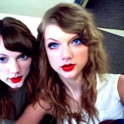 Image similar to a selfie of taylor swift and emily rudd, medium shot, detailed eyes,