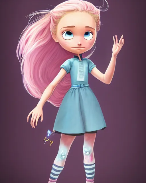 Prompt: An epic fantasy comic book style portrait painting of a very beautiful young girl with blonde girl, very expressive, light blue piercing eyes, mischievous, smirk, round face, blonde hair with a pony tail, wearing a pink shirt and pink skirt, arms crossed, awesome pose, character design by Mark Ryden and Pixar and Hayao Miyazaki, unreal 5, DAZ, hyperrealistic, octane render, cosplay, RPG portrait, dynamic lighting, intricate detail, summer vibrancy, cinematic