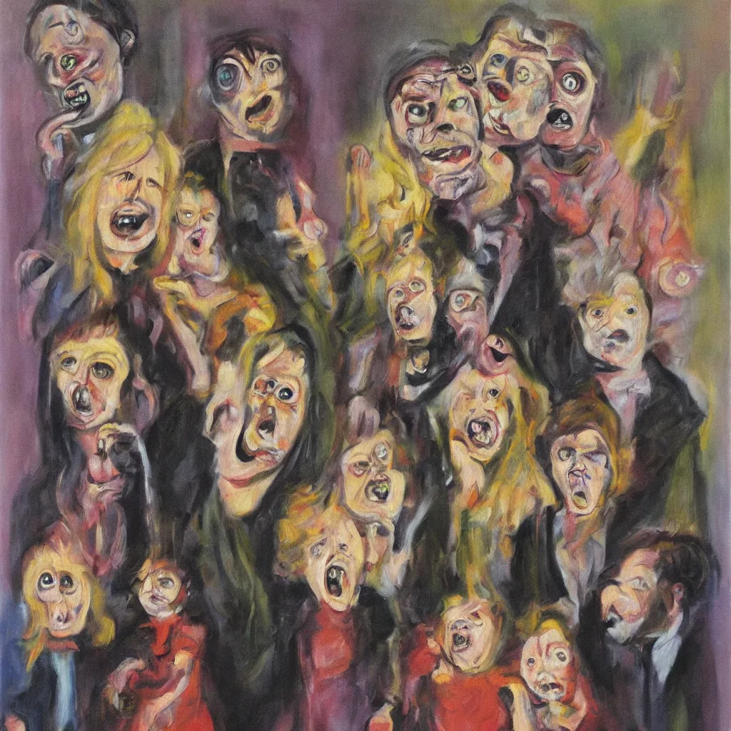 Prompt: oil painting of a family photo, screaming eyes wide shot art by francis bacon