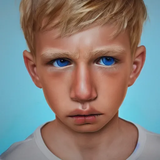 Image similar to portrait of a boy with his hand on his face, extremely realistic and real, photorealistic, blonde hair and blue eyes, detailed facial structure, real eyes that are detailed