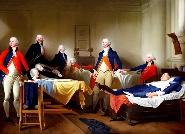 Image similar to oil painting Life of George Washington Deathbed but everyone is looking at glowing iPhones