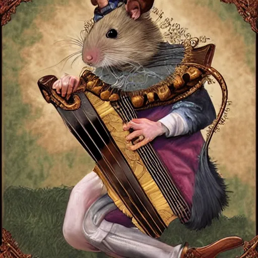 Image similar to a fancy rat man fantasy dnd bard performing on a stage playing lute, fine digital art, extreme detail, highly complex, very intricate, volumetric bushes