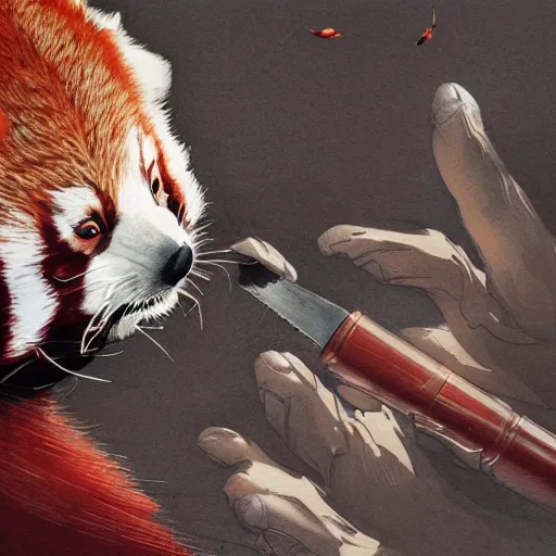 Image similar to highly detailed beautiful engraving of red panda, splash, sharp focus, dramatic, dynamic lighting, elegant, harmony, beauty, masterpiece, by riccardo federici, by james jean, by craig mullins, by lois van baarle, by makoto shinkai, by greg tocchini, by greg rutkowski, illustration, ink draw, pen, spatula