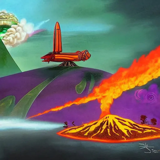 Image similar to a purple dragon blowing green fire fighting a retro spaceship with a volcano in the background, concept art by ken steacy