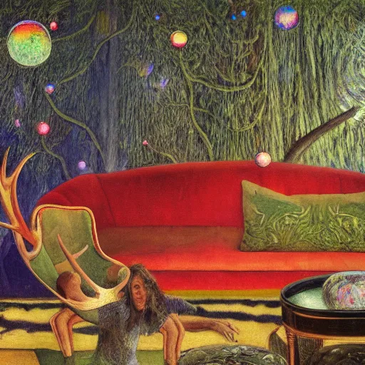 Prompt: psychedelic couch sofa in the lush pine forest, milky way, people with moose antlers, designed by arnold bocklin, jules bastien - lepage, tarsila do amaral, wayne barlowe and gustave baumann, cheval michael, trending on artstation, star, sharp focus, colorful refracted sparkles and lines, soft light, 8 k 4 k