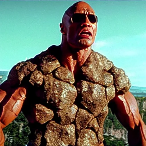 Image similar to film still of the rock in a rock costume