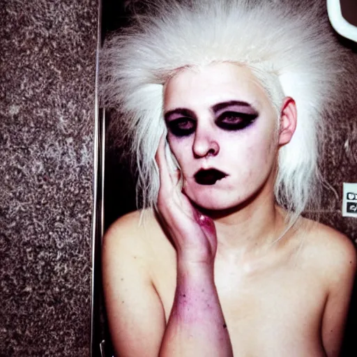 Image similar to a 2 0 y. o. girl with white hair and makeup in a bathroom, an album cover by nan goldin, tumblr, international gothic, goth, antichrist, gothic