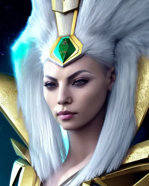 Image similar to perfect white haired attractive egyptian goddess, warframe armor, pharaoh headdress, beautiful, symmetric, dreamy, half asian, pretty face, green eyes, charlize theron, detailed, scifi platform, laboratory, experiment, 4 k, ultra realistic, epic lighting, android body, illuminated, cinematic, masterpiece, art by akihito tsukushi, voidstar