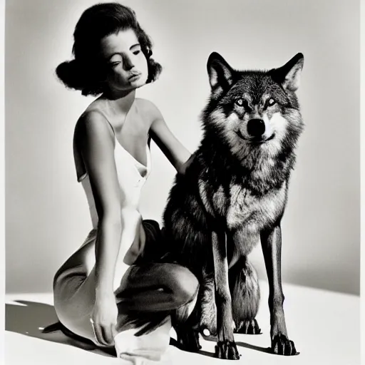 Image similar to the beautiful lady and the wolf, black and white, by richard avedon,