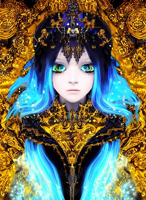 Image similar to baroque bedazzled gothic royalty frames surrounding a pixelsort rimuru tempest smiling, sky blue straight hair, bangs, with amber eyes, yellow golden eyes, wearing a black maximalist spiked jacket, high collar, ultra detailed, concept art, digital painting, pretty, cinematic, wlop artstation, sharpened early computer graphics, remastered chromatic aberration