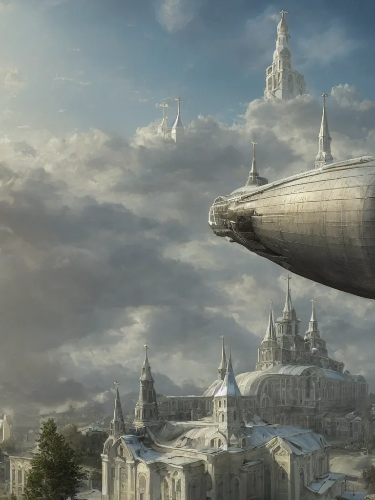 Image similar to a large dieselpunk airship is standing in the air over a splendid white church in russia, full morning sun, matte painting by greg rutkowski, james gurney