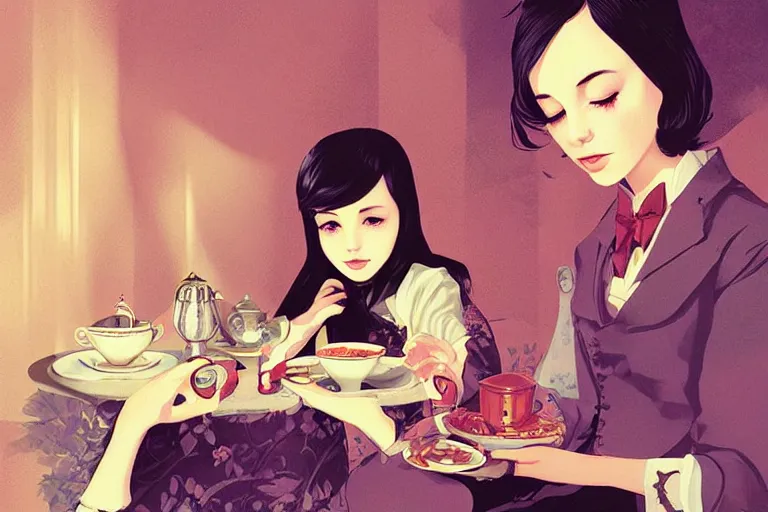 Image similar to tea time in wonderland by lewis carroll, digital illustration by ilya kuvshinov