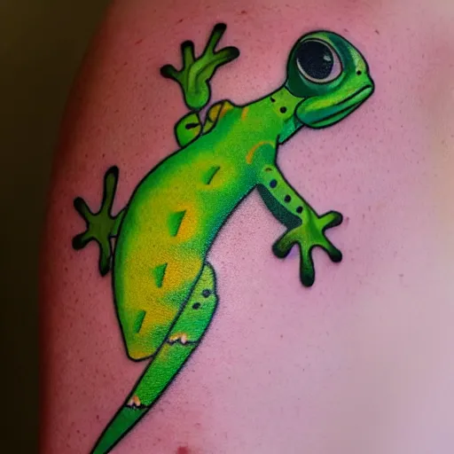 Image similar to cartoon tattoo of cute light green gecko on shoulder with light shading in the background