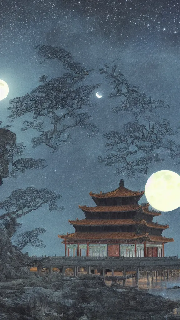 Prompt: night sky, stars, super bright moon, ancient chinese architecture, rivers, by caspar david friedrich, filmic, photoshoot, ray tracing reflections