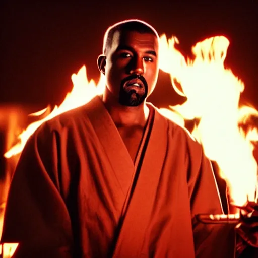 Image similar to cinematic film still of Kanye West starring as a Japanese Sensei with fire, Japanese CGI, VFX, 2003, 40mm lens, shallow depth of field, film photography